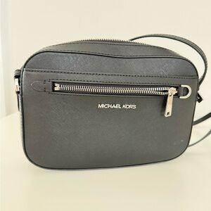 Michael Kors Black Saffiano Crossbody Camera Bag with Silver Hardware